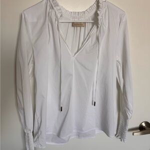 Rapsodia Size S Cotton Blouse White Long Sleeve Smocked Cuffs Ruffle Drawstring